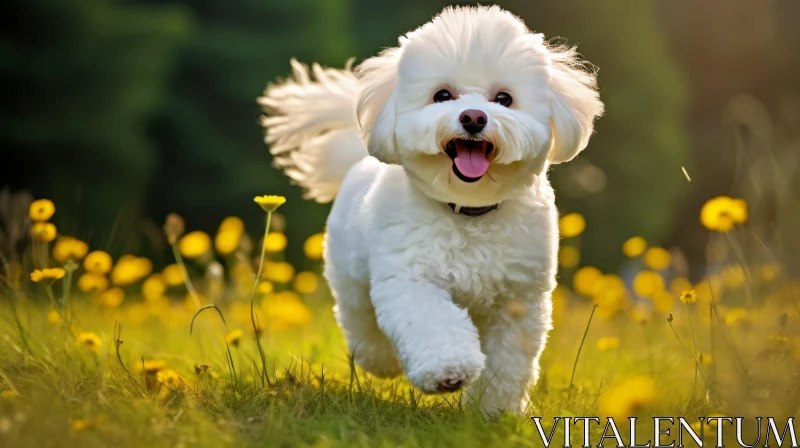White Bichon Frise Dog Running in Field of Yellow Flowers AI Image