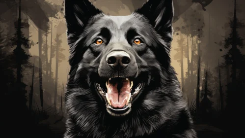 Black German Shepherd Dog in Dark Forest - Digital Painting