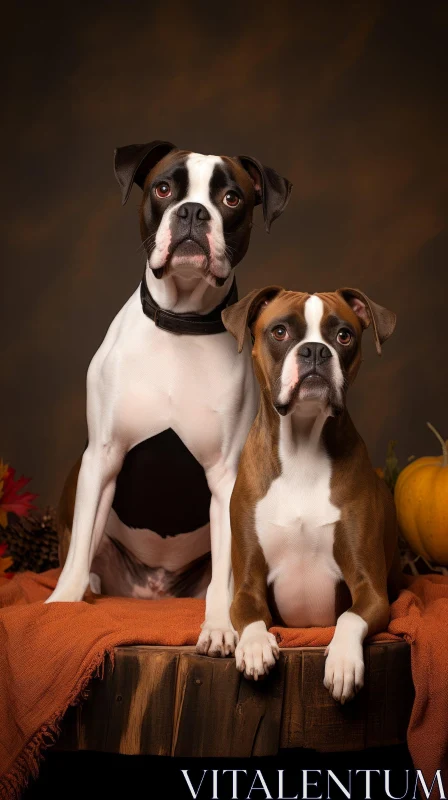 AI ART Charming Boxer Dogs on Wooden Table with Pumpkins and Fall Leaves