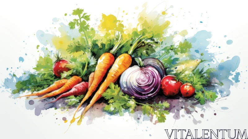 Colorful Watercolor Painting of Fresh Vegetables AI Image