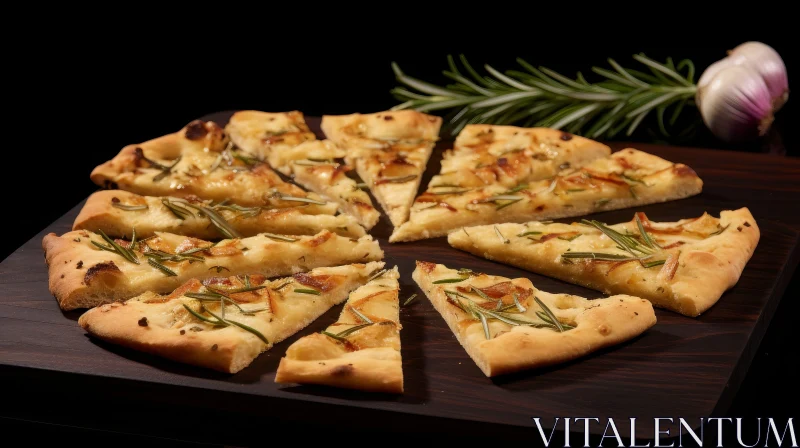 AI ART Delicious Focaccia with Rosemary and Garlic on Wooden Cutting Board