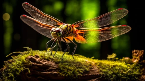 Dragonfly on Mossy Log in Forest
