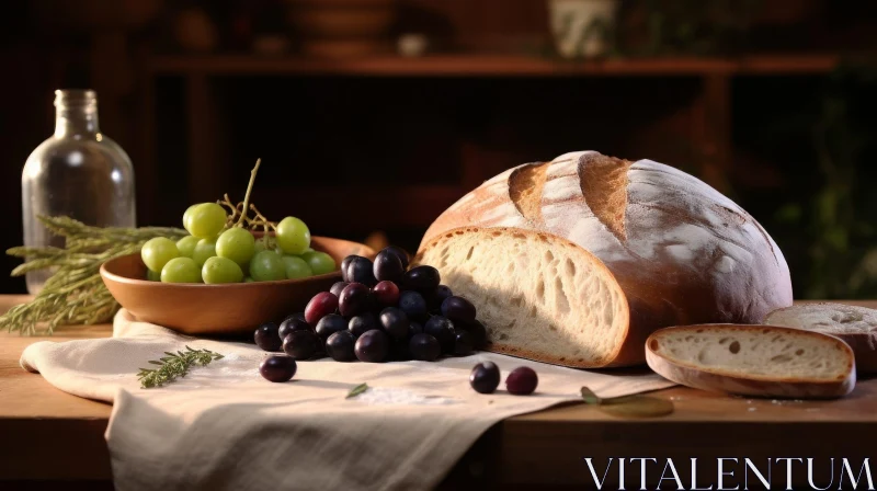 Rustic Still Life with Bread and Grapes AI Image