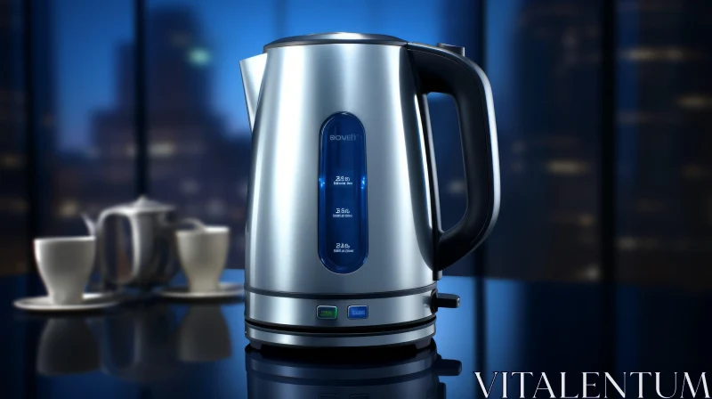 AI ART Silver Electric Kettle on Glass Table with Blue Light Reflection