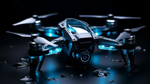 Sleek Black Drone with Blue Lights - Futuristic 3D Rendering