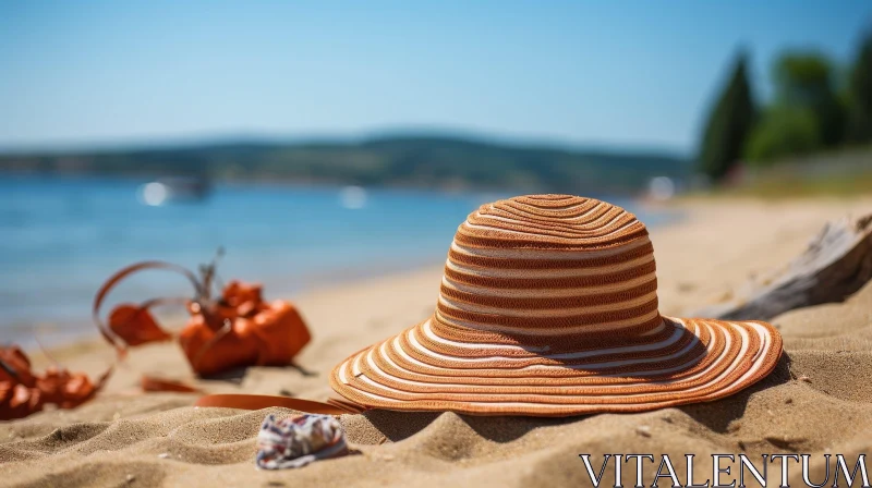 Tranquil Beach Scene with Straw Hat and Seashell AI Image