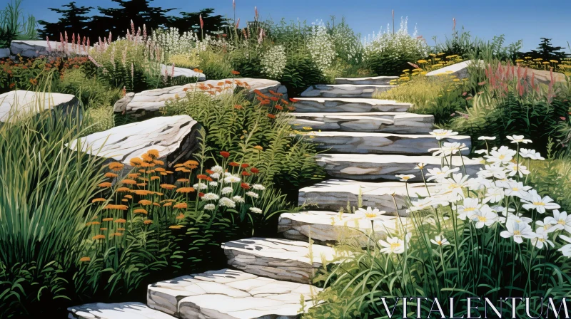 Tranquil Garden Landscape with Stone Staircase AI Image