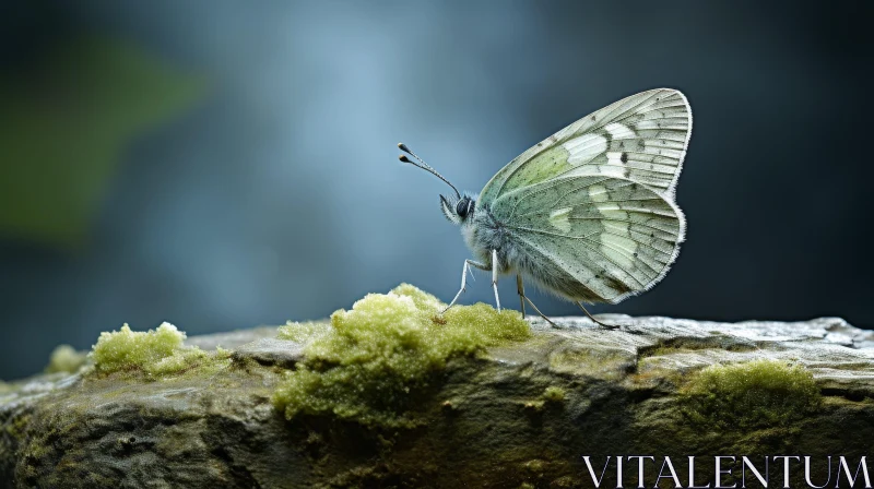 White Butterfly on Mossy Rock - Tranquil Nature Scene AI Image