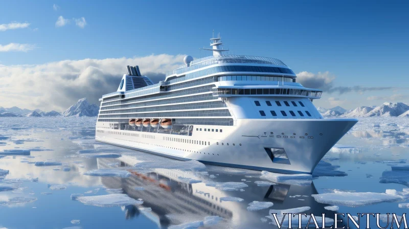 White Cruise Ship Sailing Through Frozen Sea AI Image