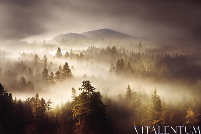 AI ART Captivating Foggy Scene with Trees and Mountains | Naturalistic Cityscape