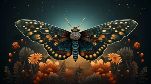 Dark Blue Butterfly Illustration with Flowers