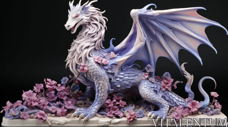 Enchanting Silver Dragon Among Pink and Purple Flowers AI Image