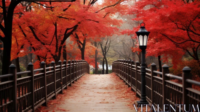Enchanting Wooden Bridge in Park with Red Leaves AI Image