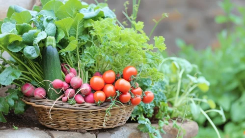 Freshly-Harvested Organic Vegetables in a Wicker Basket