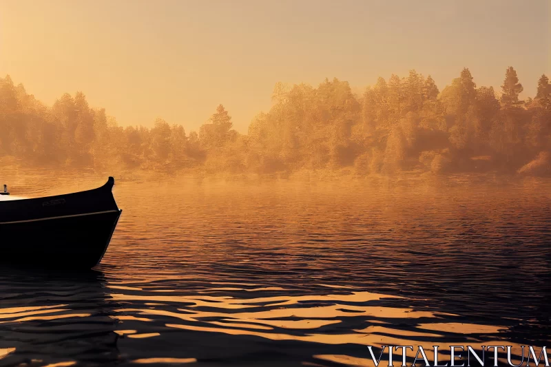 Golden Hues: A Serene Boat in a Lake - Atmospheric Woodland Imagery AI Image