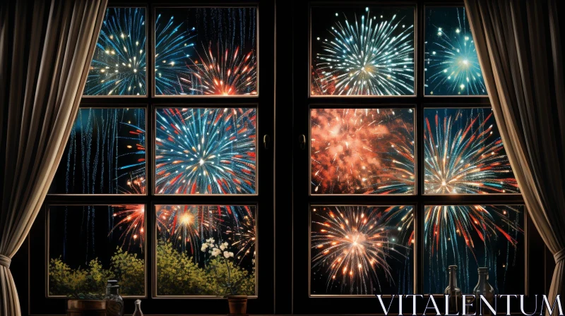 Night Sky Fireworks Window View AI Image