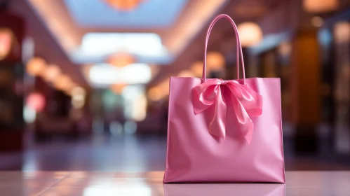 Pink Shopping Bag with Bow on Reflective Surface