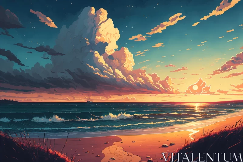 Pixel Art Painting of a Serene Beach at Sunset AI Image