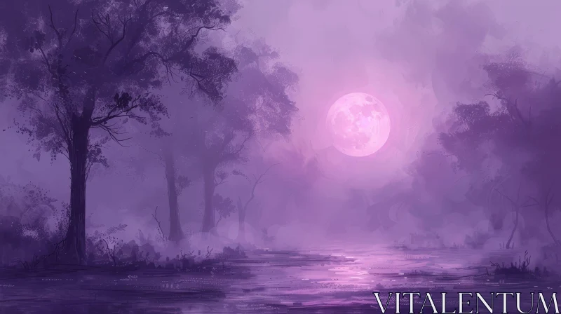 Purple Forest Moon Landscape Painting AI Image