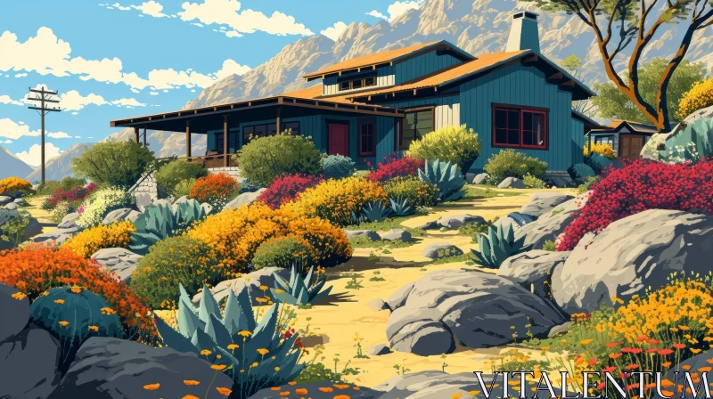 AI ART Tranquil Mountain Landscape with Blue House and Colorful Flora