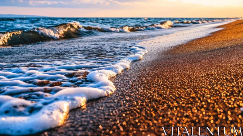 Tranquil Wave Breaking on Sandy Beach at Sunset AI Image