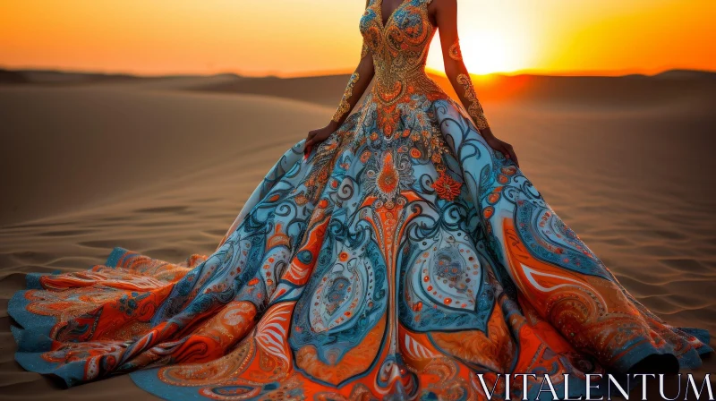 Woman in Colorful Dress in Desert at Sunset AI Image