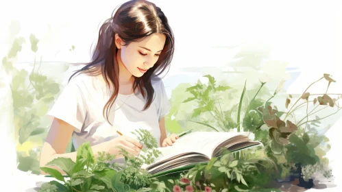 Young Woman Writing in Garden - Artistic Image
