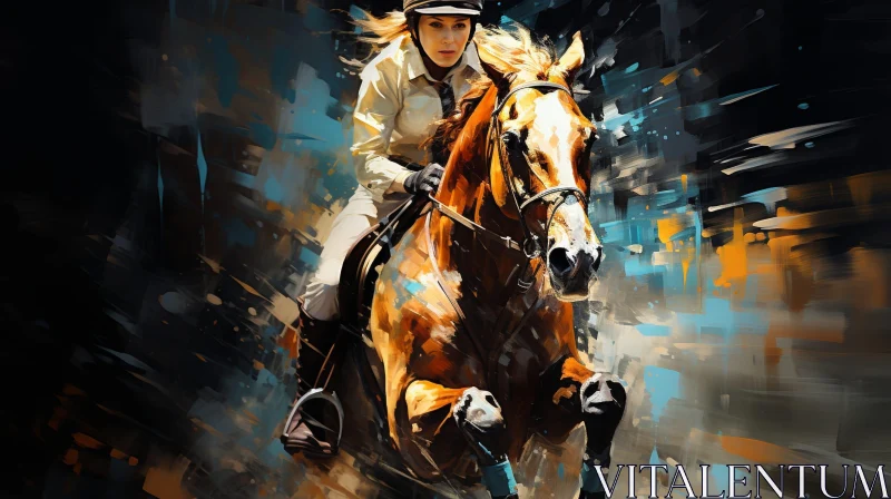 AI ART Equestrian Scene: Woman Riding Brown Horse