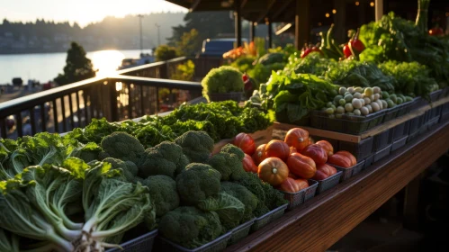 Fresh Vegetables at Farmer's Market Stall with Sunset View