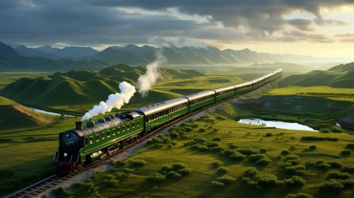 Green Steam Train in Lush Valley
