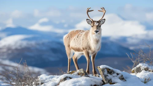Majestic Reindeer in Snowy Mountain Landscape