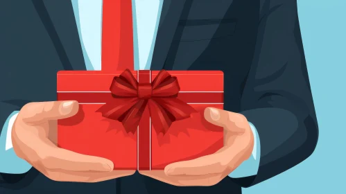 Man Holding Red Gift Box - Blue Background