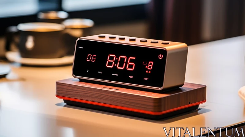 Modern Digital Alarm Clock on Wooden Base AI Image