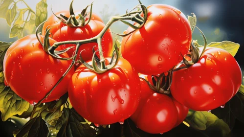 Ripe Red Tomatoes with Green Leaves - Fresh Nature Scene