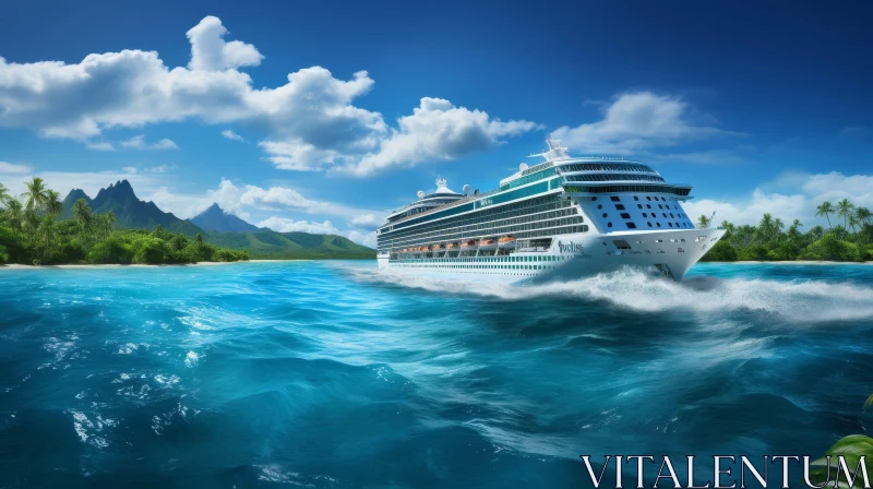 Sailing Cruise Ship in Tropical Sea | Lush Islands & Blue Sky AI Image