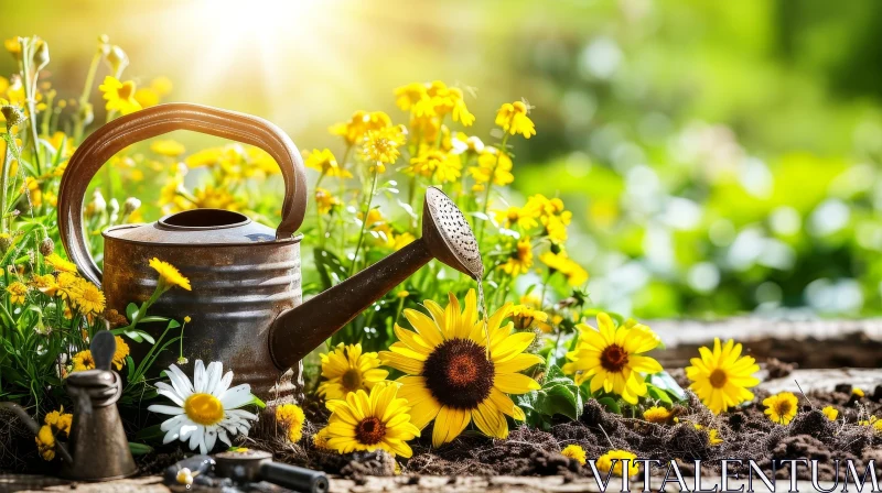 Serene Garden Scene with Metal Watering Can and Flowers AI Image