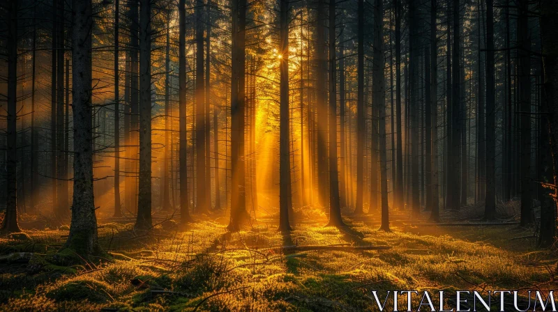 Serene Misty Forest with Sunlight and Tall Trees AI Image