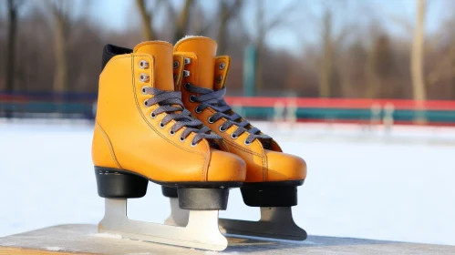 Yellow Figure Skates on Wooden Bench at Outdoor Skating Rink
