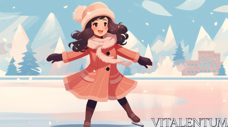 Joyful Ice Skating in Winter Landscape AI Image