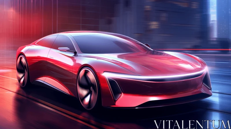 AI ART Red Concept Vehicle Driving Through the City - Vibrant Illustration