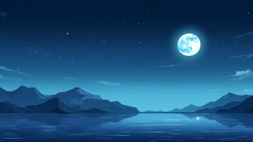 Tranquil Azure Night Landscape with Moonlit Mountains