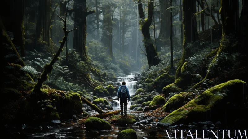 Tranquil Forest Landscape with River and Man AI Image