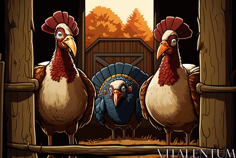 Whimsical Turkeys Illustration | Farm Gate | Bold Graphic Art AI Image