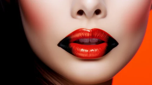 Woman's Lips with Bright Red Lipstick on Deep Orange Background