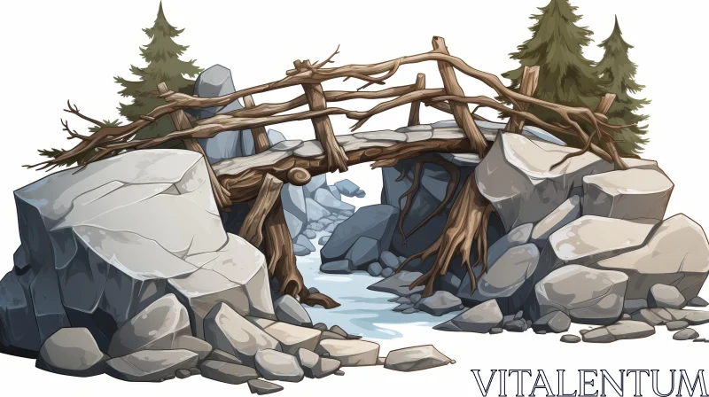 Wooden Bridge Illustration Over River AI Image