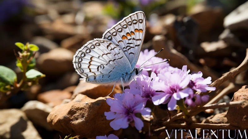 AI ART Blue and White Butterfly on Rock with Purple Flowers