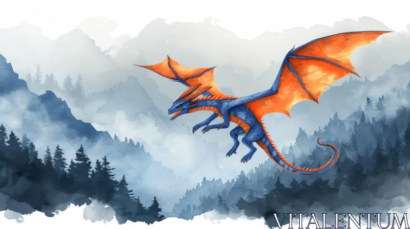 Blue Dragon Flying Over Snowy Mountains - Watercolor Fantasy Art AI Image