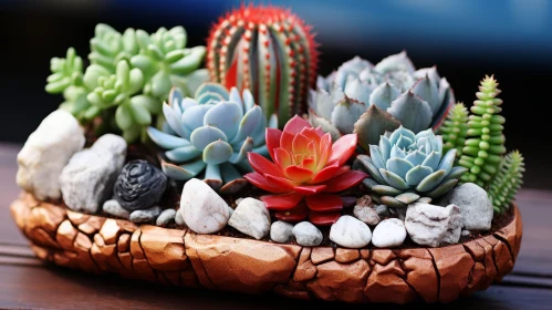 Colorful Succulents and Cacti in Rustic Container