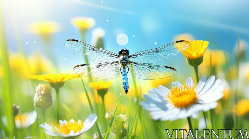 Dragonfly Close-up in Field of Flowers AI Image