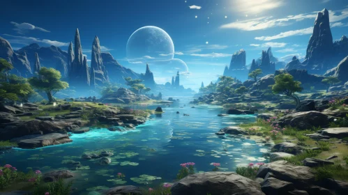 Enchanting Alien Planet Landscape with River and Moons